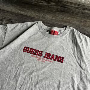 Vintage y2k 2000s Gray Guess‎ Jeans Spellout Mexico Made T-Shirt Block letters